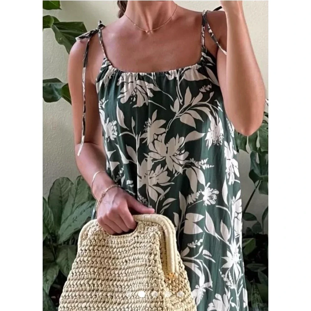 Abercrombie & Fitch Green‎ Floral Tiered Maxi Dress Tie Shoulder Small NWT